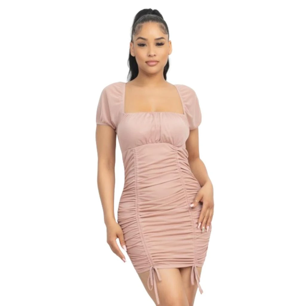 商品FASHNZFAB|Ruched Square Neck Mesh Sleeve Dress,价格¥100,第3张图片详细描述