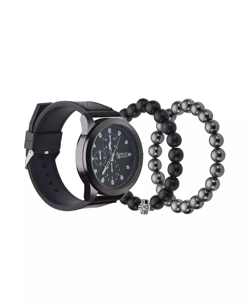 商品American Exchange|Men's Quartz Movement Black Leather Analog Watch, 47mm and Stackable Bracelet Set with Zippered Pouch,价格¥150,第2张图片详细描述