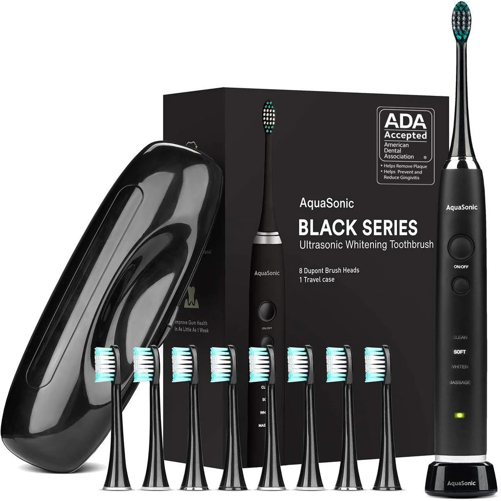 商品AquaSonic|Aquasonic Black Series Ultra Whitening Toothbrush – ADA Accepted Electric Toothbrush- 8 Brush Heads & Travel Case – 40,000 VPM Electric Motor & Wireless Charging - 4 Modes w Smart Timer,价格¥254,第1张图片