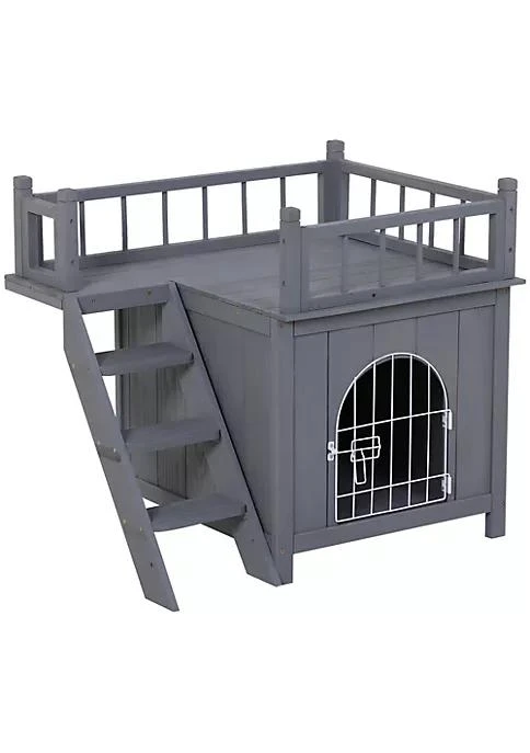 商品belk|2 Level Elevated Waterproof Outdoor Wooden Treehouse Cat Shelter With Balcony Grey,价格¥852,第1张图片