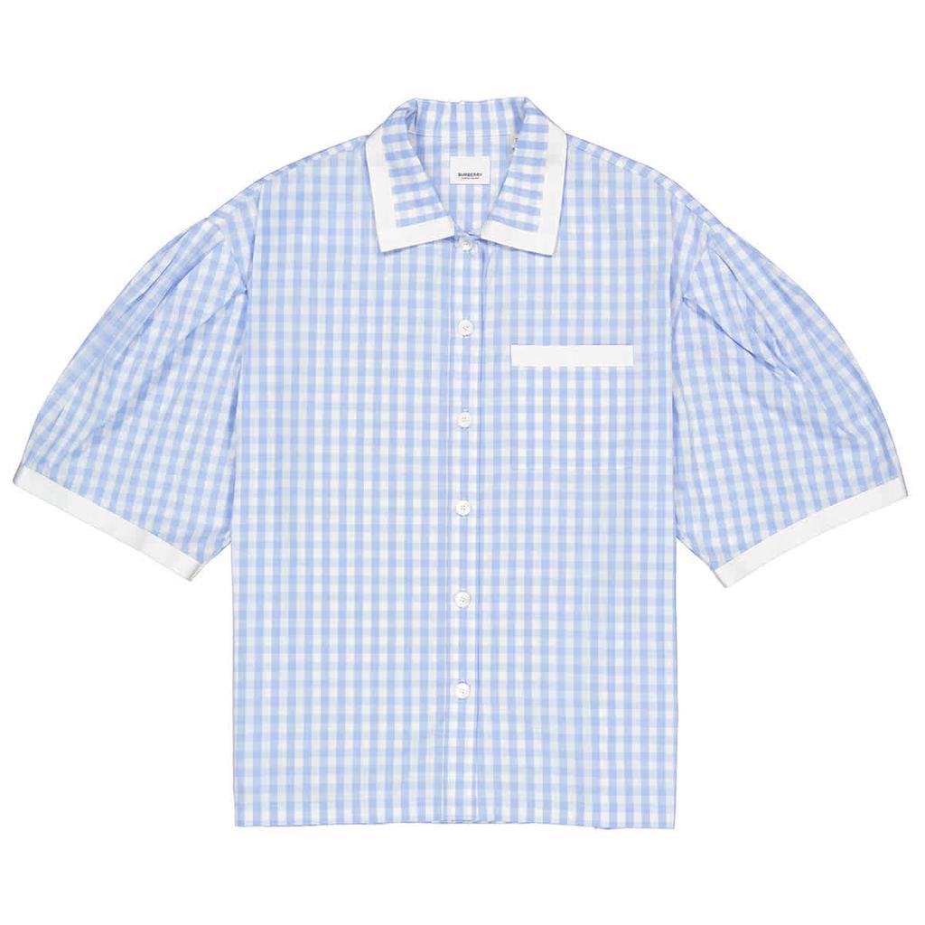 Pale Blue Gingham Cotton Puff-sleeve Oversized Shirt商品第1张图片规格展示