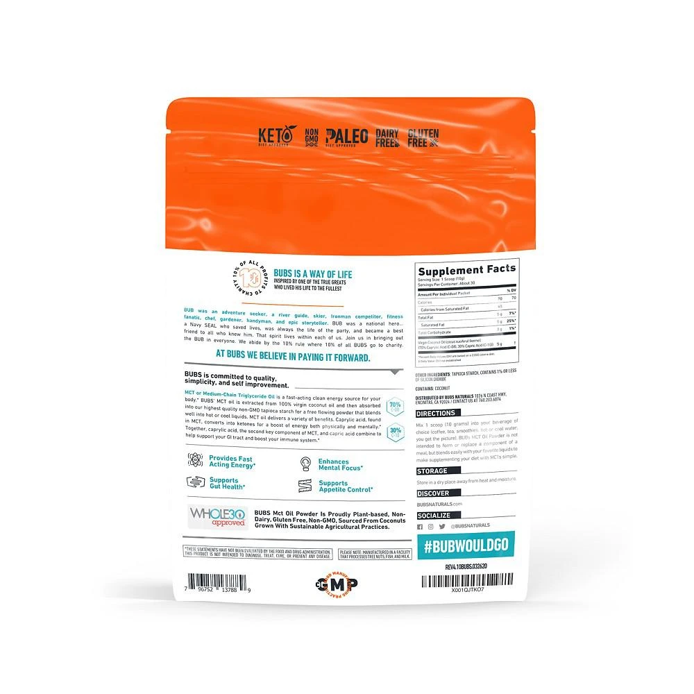 商品BUBS Naturals|MCT Oil Powder 10.6oz.,价格¥276,第2张图片详细描述