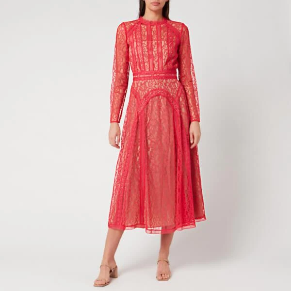 商品Self Portrait|Self-Portrait Women's Hot Pink Lace Panel Midi Dress - Hot Pink,价格¥1057,第1张图片