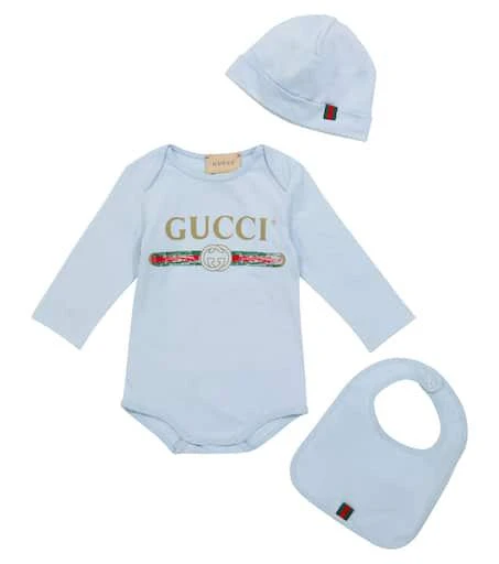 商品Gucci|婴幼儿 — logo棉质连体紧身衣、帽子与围兜套装,价格¥2878,第1张图片