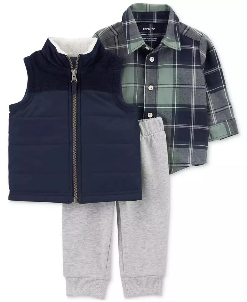 商品Carter's|Baby Boys Little Vest, Plaid Shirt & Fleece Pants, 3 Piece Set,价格¥134,第1张图片