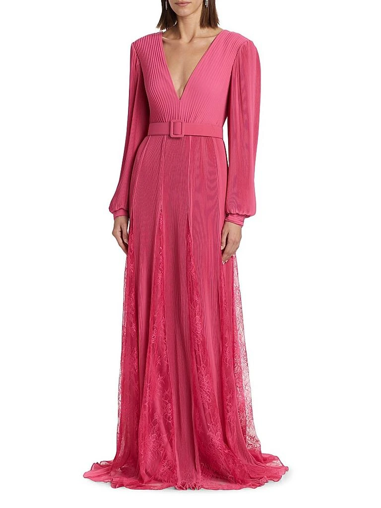 商品Badgley Mischka|Plissé Georgette & Lace Godet Belted Gown,价格¥2929,第3张图片详细描述