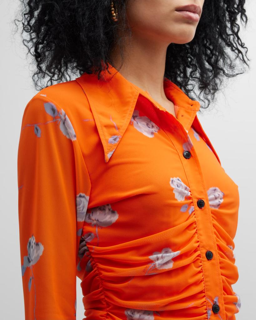 Ruched Button-Front Floral Mesh Shirt商品第7张图片规格展示
