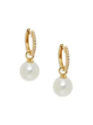 18K Yellow Gold, 9MM White Freshwater Pearl & Diamond Earrings商品第1张图片规格展示