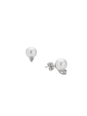 14K White Gold, 8MM Cultured Pearl & Diamond Stud Earrings商品第1张图片规格展示