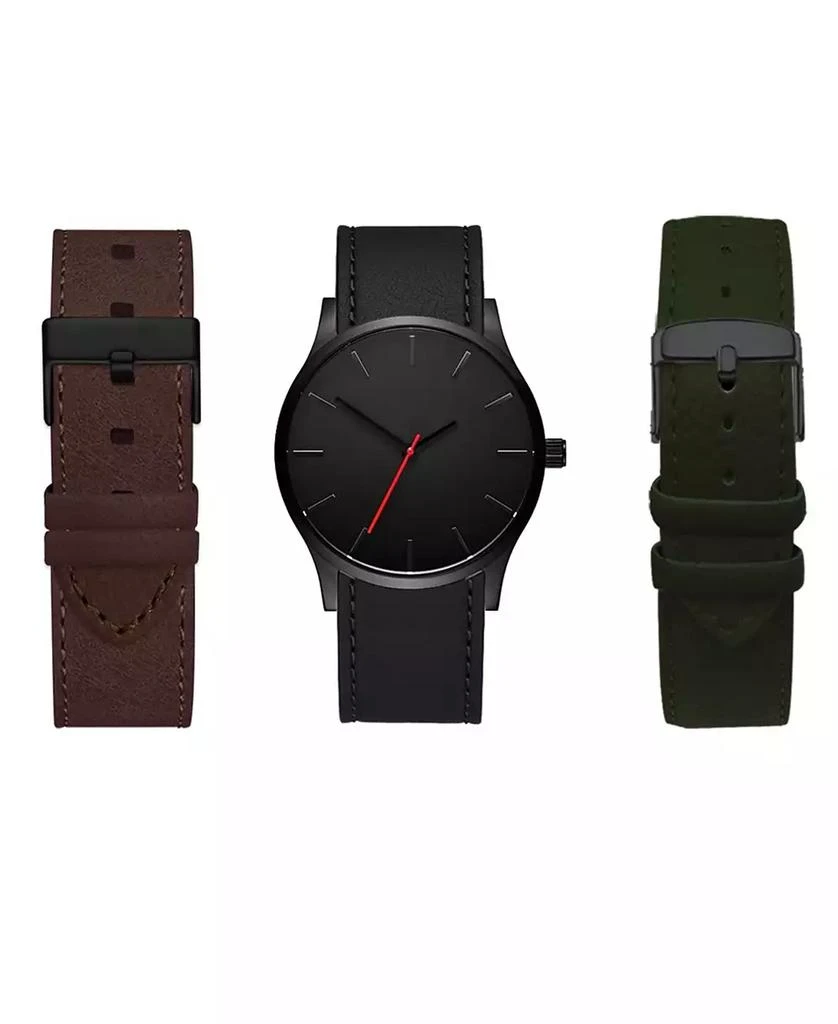 商品American Exchange|Men's Quartz Dial Black Leather Strap Watch, 42mm with Interchangeable Straps, Set of 3,价格¥150,第1张图片