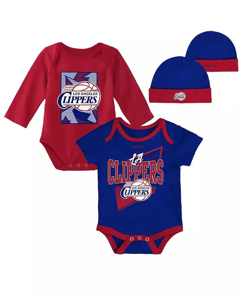 商品Mitchell & Ness|Infant Boys and Girls Royal, Red LA Clippers Hardwood Classics Bodysuits and Cuffed Knit Hat Set,价格¥299,第1张图片