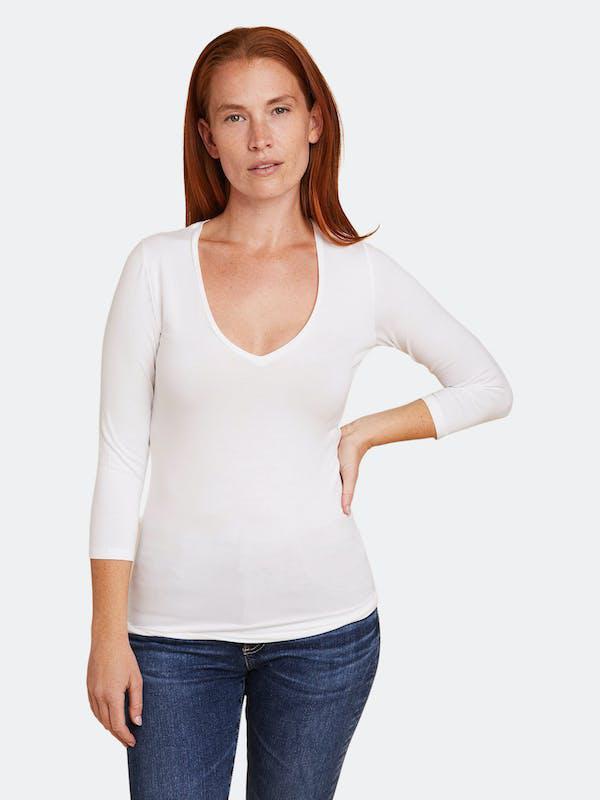 商品Majestic|Soft Touch 3/4 Sleeve V-Neck Blanc (White),价格¥993,第1张图片
