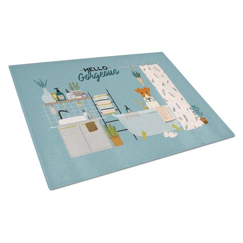 商品Caroline's Treasures|CK7523LCB Wire Fox Terrier in Bathtub Glass Cutting Board Large,价格¥258,第1张图片