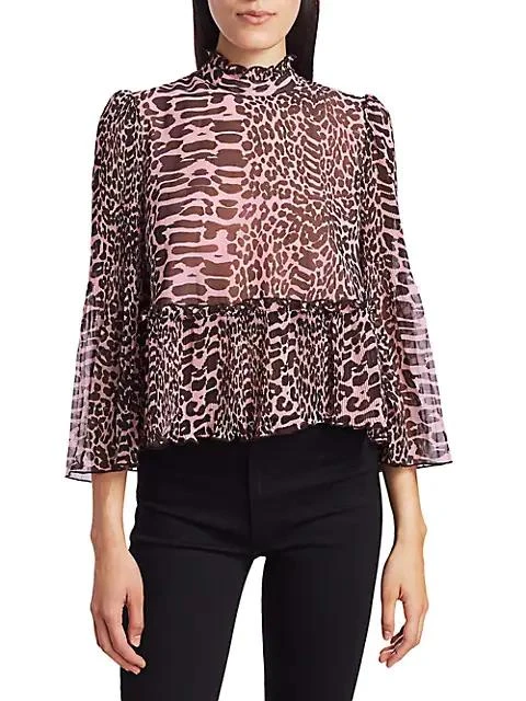 商品Ganni|Pleated Animal Print Georgette Blouse,价格¥480,第3张图片详细描述