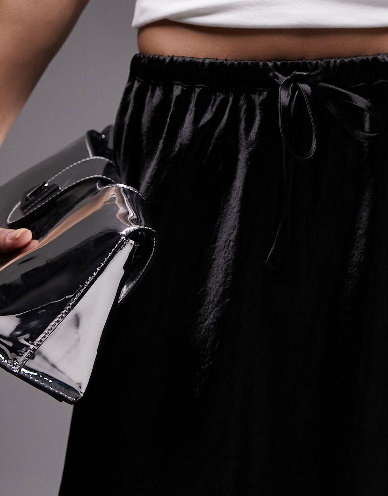 Topshop drawstring liquid look maxi bias skirt in black商品第4张图片规格展示