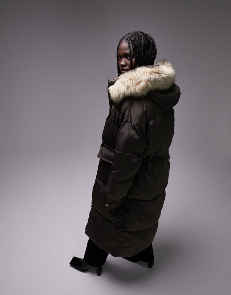 Topshop longline puffer coat in faux fur trim hood in grey商品第2张图片规格展示