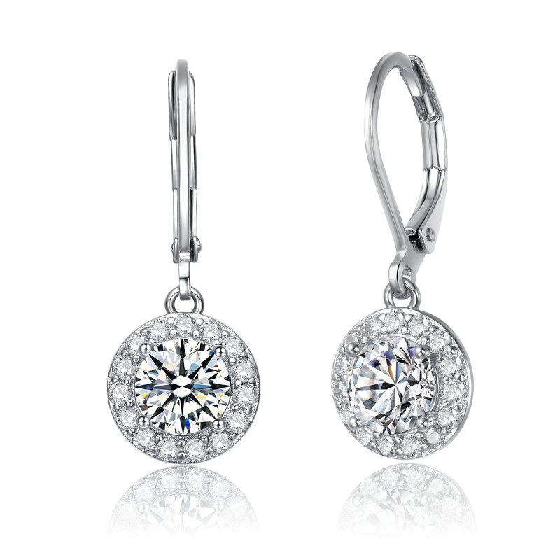 商品Genevive|Sterling Silver White Gold Plating With Clear Cubic Zirconia Halo Drop Dangle Earrings,价格¥1435,第1张图片