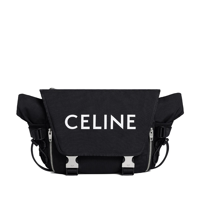 CELINE/赛琳 22春夏新款 男士中号白色CELINE印花黑色锦纶翻盖徒步斜挎单肩邮差包 商品