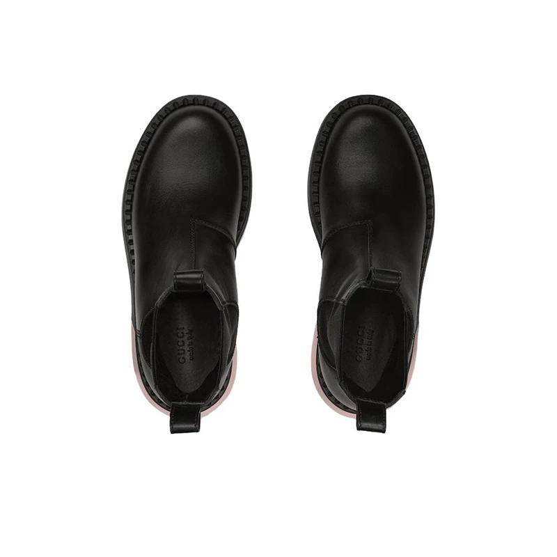 【预售3-7天】Gucci/古驰 女士黑色皮革圆头套筒短筒厚底切尔西靴 商品