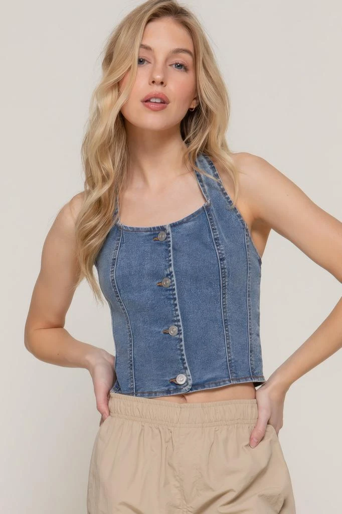 商品FASHNZFAB|Button Down Stretch Denim Halter Top,价格¥203,第1张图片