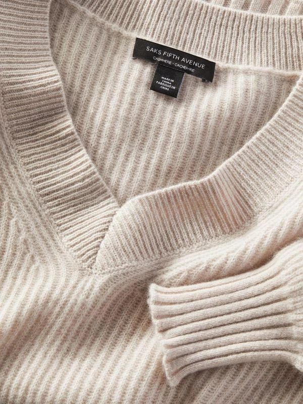 商品Saks Fifth Avenue|Ribbed V Neck Boxy 100% Cashmere Sweater,价格¥488,第3张图片详细描述