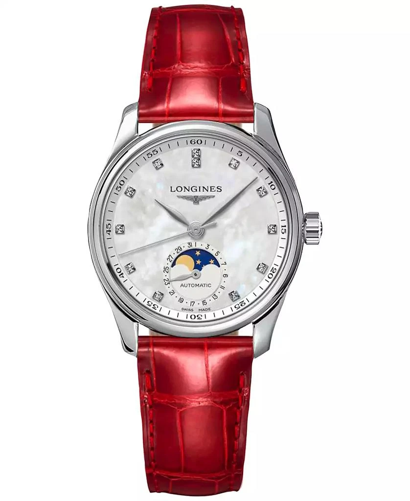 商品Longines|Women's Swiss Automatic Master Diamond (1/20 ct. t.w.) Red Leather Strap Watch 34mm,价格¥22226,第1张图片