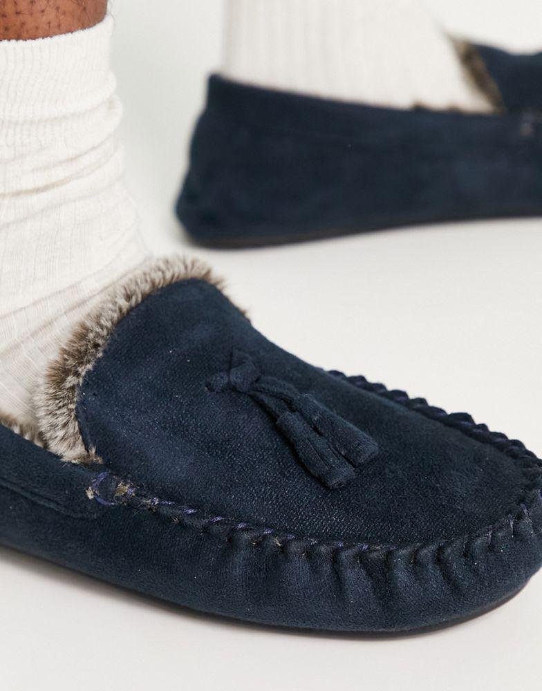 ASOS DESIGN moccasin slippers in navy with faux fur lining商品第3张图片规格展示
