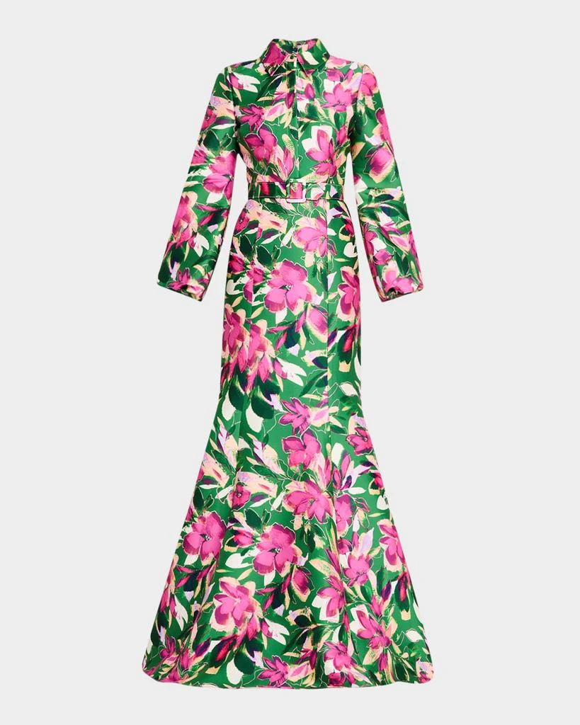 商品Badgley Mischka|Belted Floral-Print Mikado Shirt Gown,价格¥3167,第1张图片