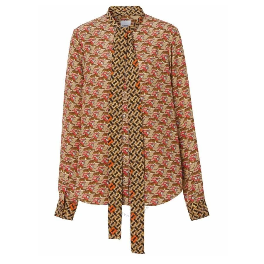 商品Burberry|Honey Beige Tiger Graphic Monogram Silk Blouse,价格¥1562,第1张图片