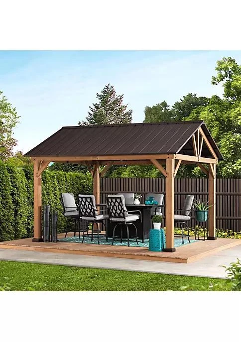 商品Sunjoy|11 Ft. X 13 Ft. Cedar Framed Gazebo With Brown Steel Gable Hard Top Roof,价格¥22038,第1张图片