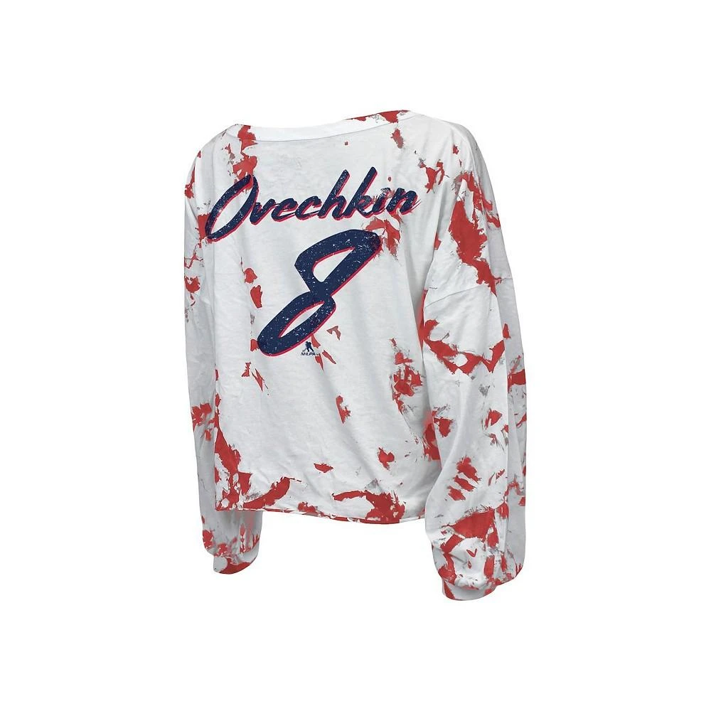 商品Majestic|Women's Threads Alexander Ovechkin White Washington Capitals Tie-Dye Name and Number V-Neck Long Sleeve T-shirt,价格¥445,第3张图片详细描述