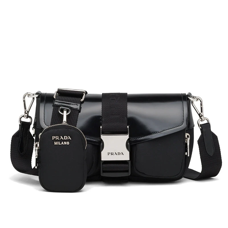 商品Prada|【预售3-7天】普拉达 2021秋冬 黑色的再生尼龙拼接皮革斜挎单肩包1BD295_789_F0002_V_BFO,价格¥15311,第1张图片