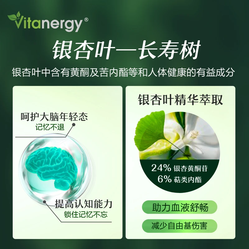 【2026年6月到期】加拿大Vitanergy维生能银杏叶精华银杏补脑 提高记忆力 提高认知能力 改善老年痴呆60粒 | Ginkgo Extract 商品