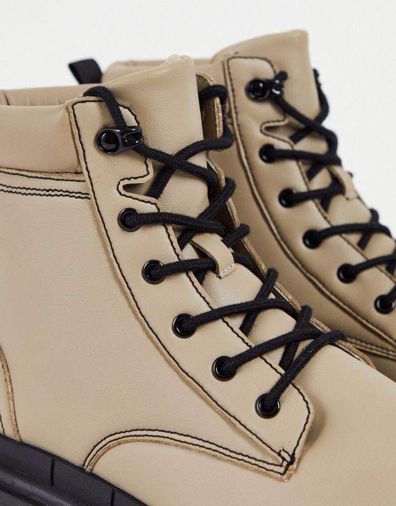 ASOS DESIGN chunky sole lace up boot with contrast stitch in taupe faux leather商品第2张图片规格展示