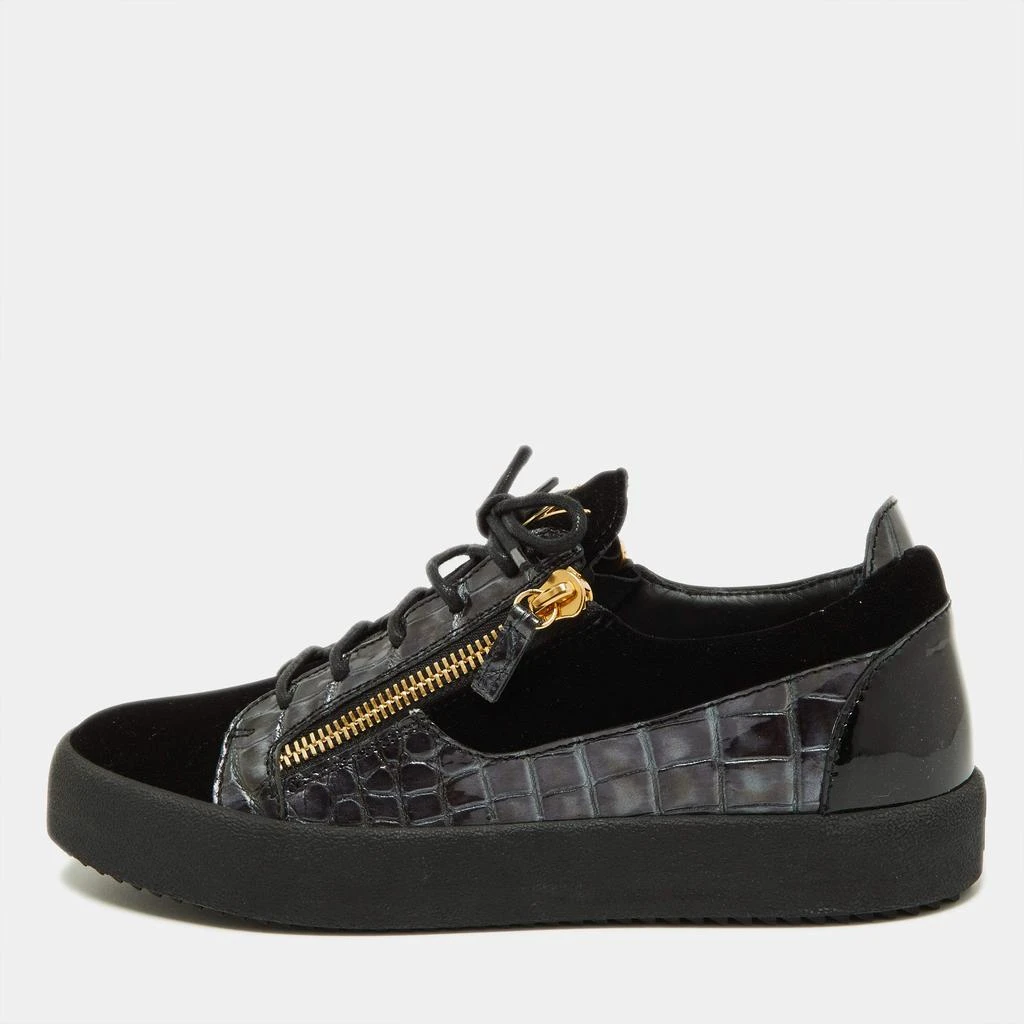 Giuseppe Zanotti Black Croc Embossed and Velvet Frankie Sneakers