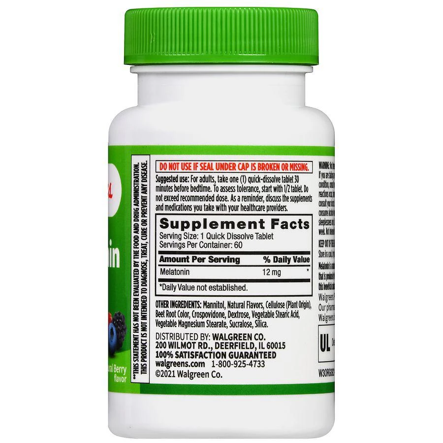 商品Walgreens|Quick Dissolve Melatonin 12 mg Tablets Natural Berry,价格¥105,第3张图片详细描述