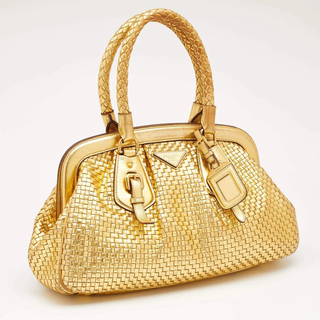 商品[二手商品] Prada|Prada Metallic Gold Woven Madras Leather Frame Satchel,价格¥2962,第3张图片详细描述