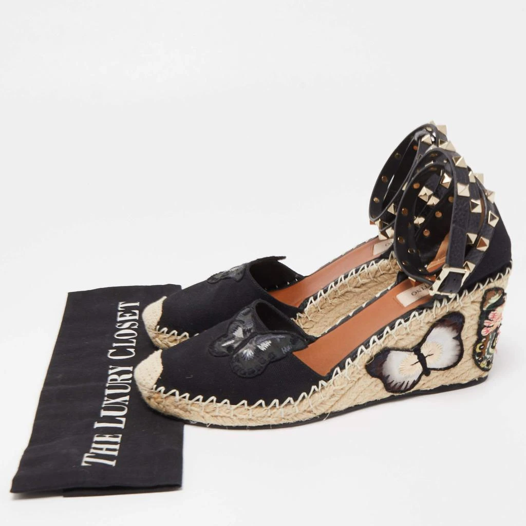 Valentino Black Canvas Rockstud Butterfly Applique Espadrille Wedge Pumps Size 39 商品