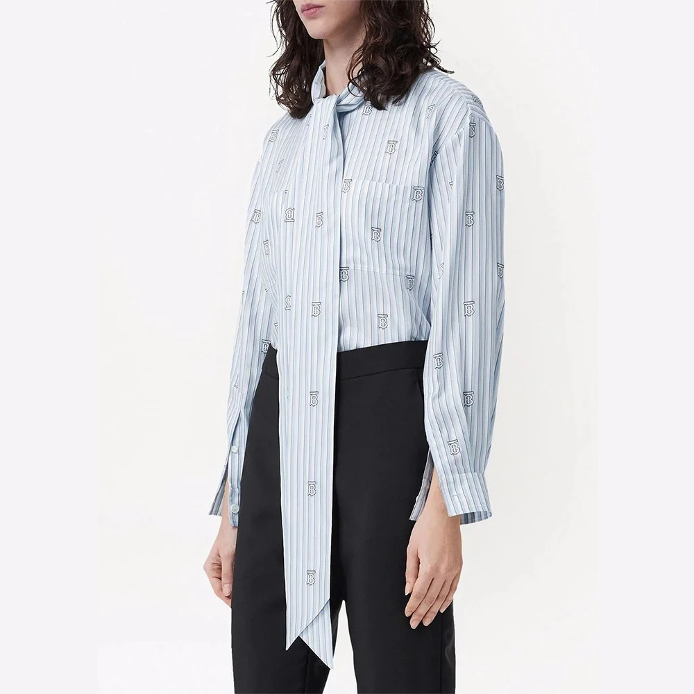 BURBERRY 女士浅蓝色条纹徽标印花条纹蝴蝶结长袖女衫 8050611 商品