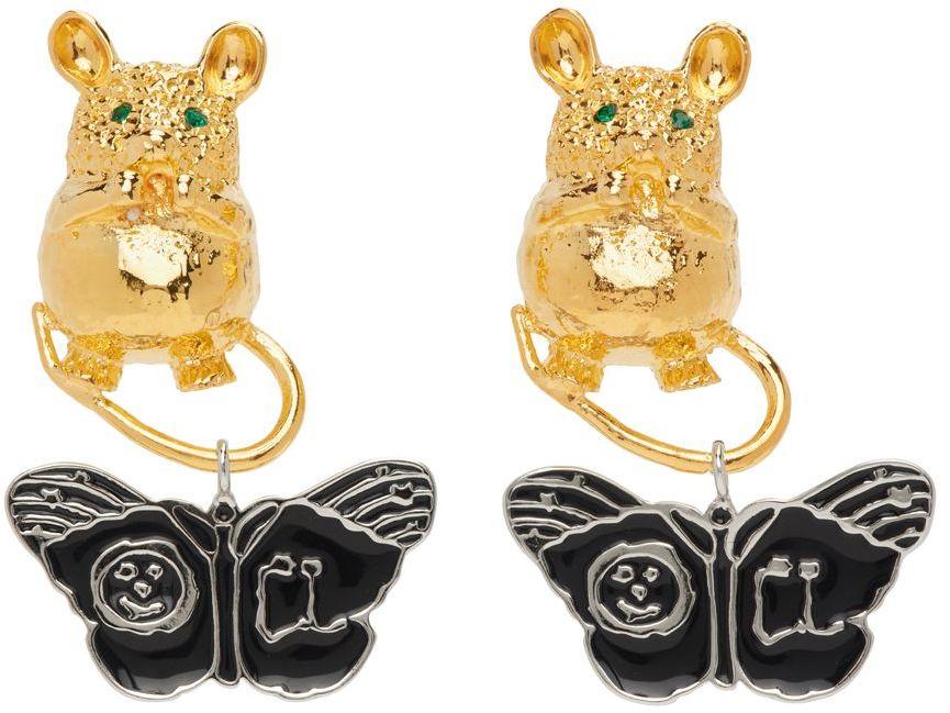 Gold & Silver Mouse & Butterfly Pendant Earrings商品第1张图片规格展示