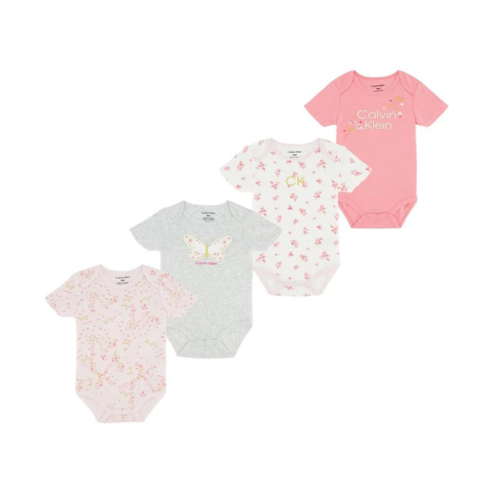 商品Calvin Klein|Baby Girls Short Sleeve Foil Print Bodysuits, Pack of 4,价格¥189,第1张图片