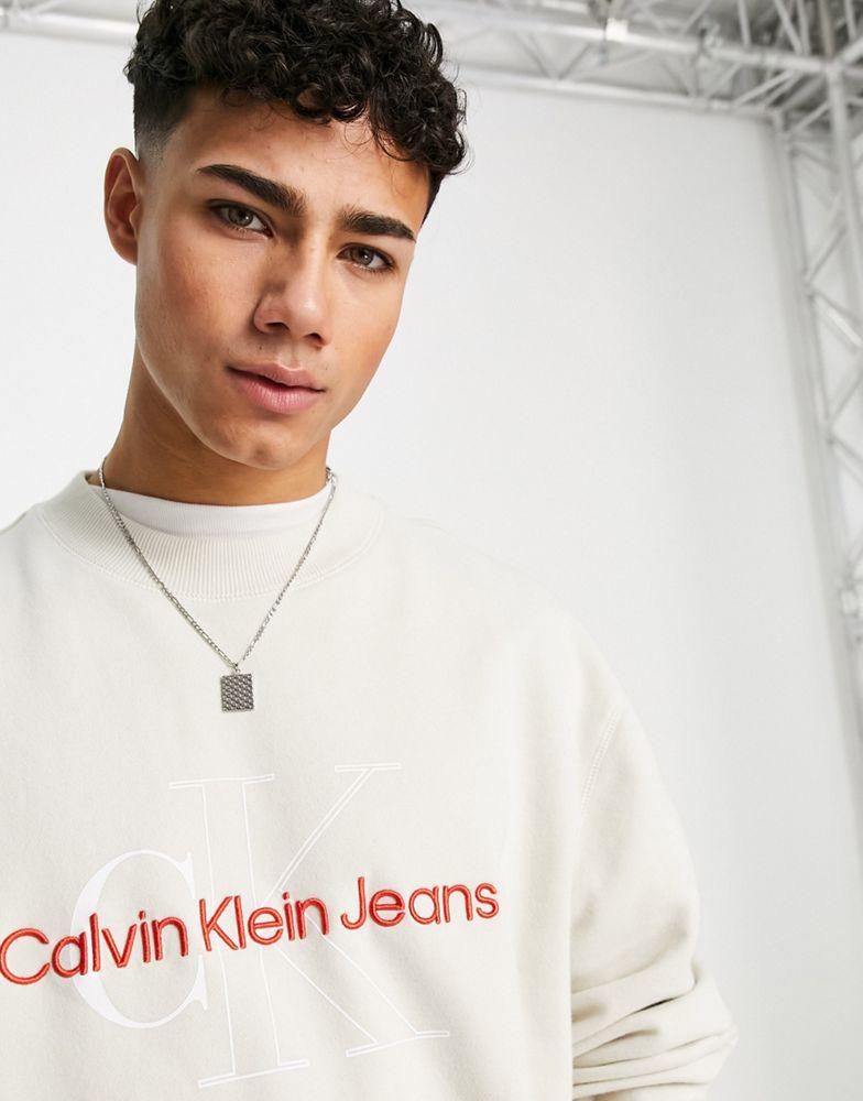 Calvin Klein Jeans two tone monogram relaxed fit sweatshirt in stone商品第3张图片规格展示