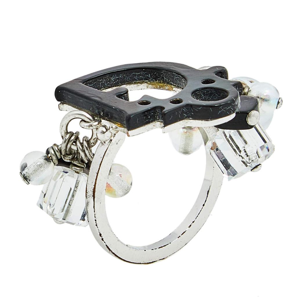 Dior Grey/Silver Resin And Faux Crystal Logo Charm Ring Size EU 54商品第1张图片规格展示