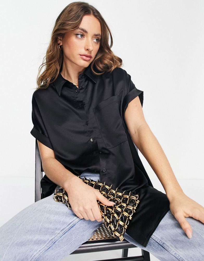 Topshop satin sleeveless shirt in black商品第1张图片规格展示