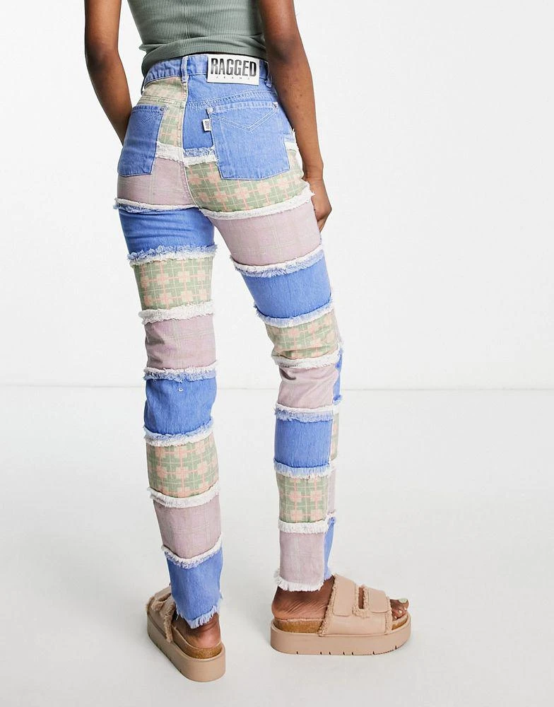 商品The Ragged Priest|The Ragged Priest high waisted mom jeans in blue patchwork,价格¥187,第1张图片
