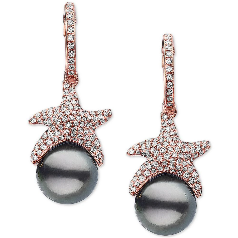 商品Effy|EFFY® Cultured Black Tahitian Pearl (9-1/2mm) & Diamond (3/4 ct. t.w.) Starfish Dangle Drop Earrings in 14k Rose Gold,价格¥10605,第3张图片详细描述