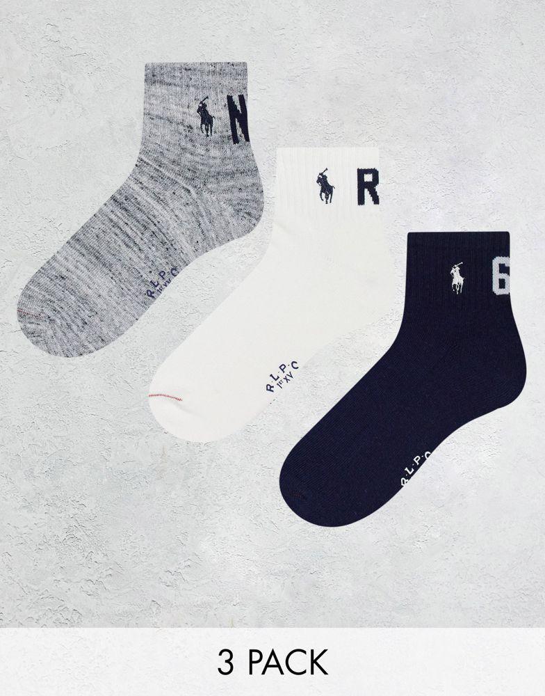 Polo Ralph Lauren 3 pack quarter length socks in grey, white, navy with pony NYC logo商品第2张图片规格展示