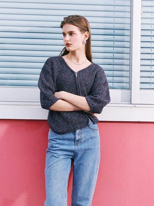 商品DEKAVV|Unbalance Zip-up Knit Top_Navy,价格¥759,第2张图片详细描述