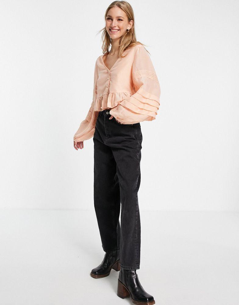 ASOS DESIGN button through top with pleated sleeve in peach商品第4张图片规格展示