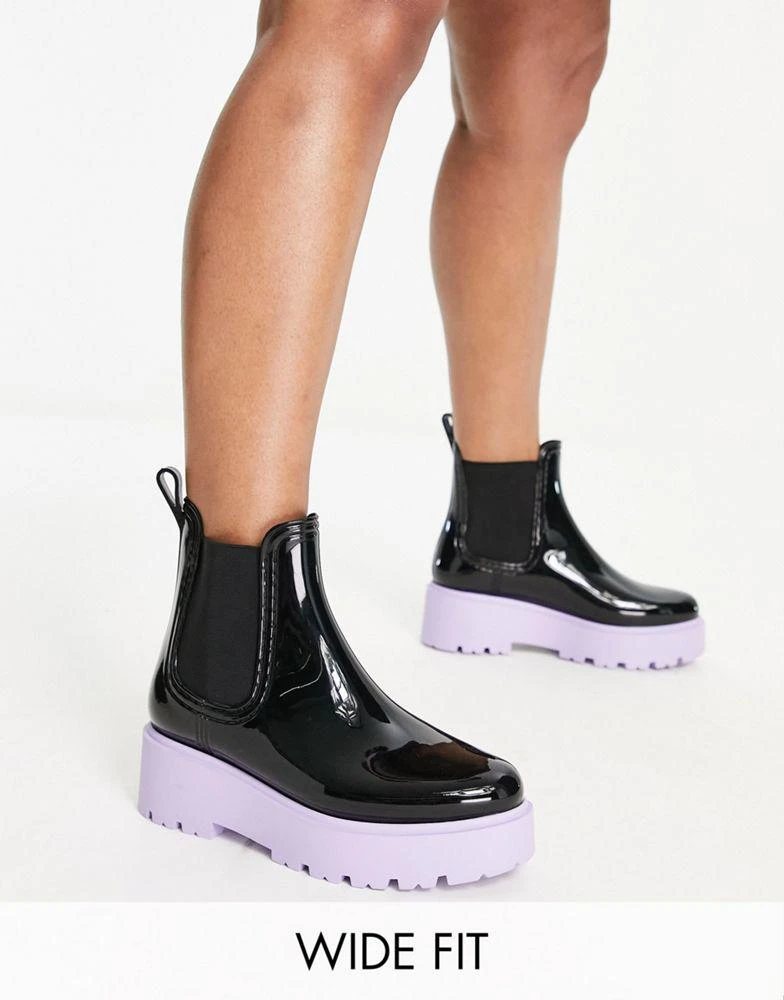 商品ASOS|ASOS DESIGN Wide Fit Gadget chunky chelsea wellies in black with lilac sole,价格¥196,第1张图片